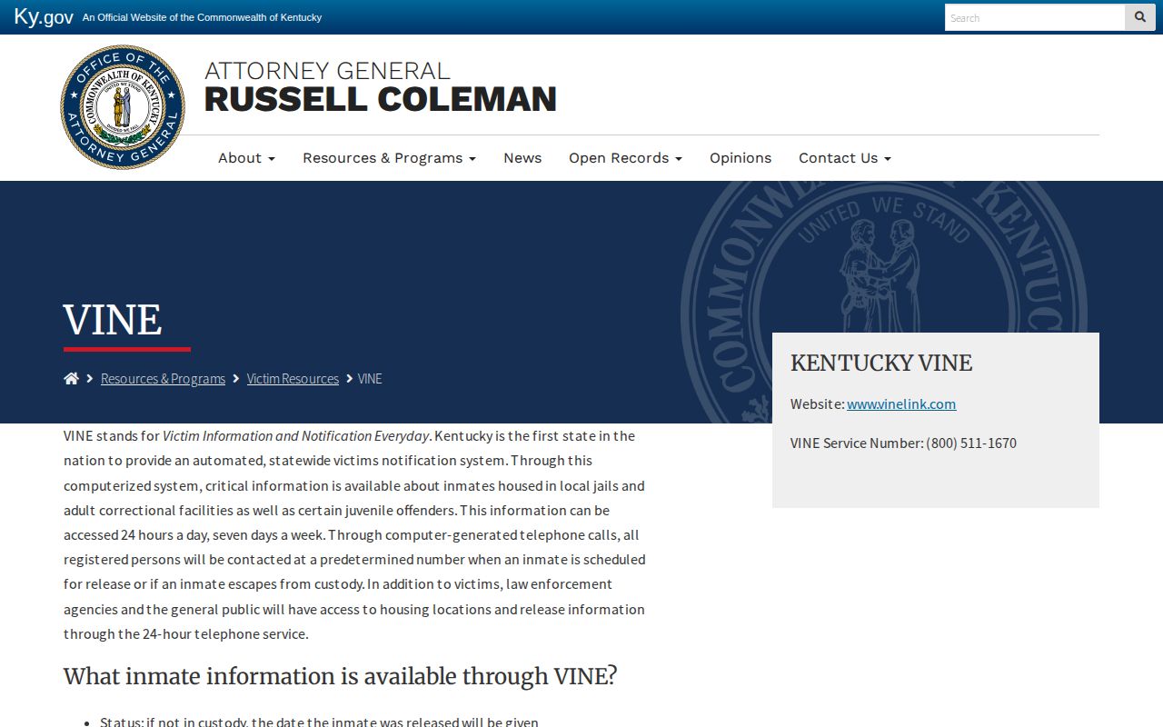 Kentucky Attorney General official VINE victim resource page