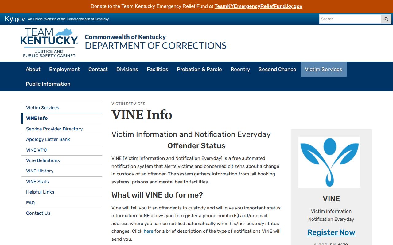 Kentucky Department of Corrections official VINE information page